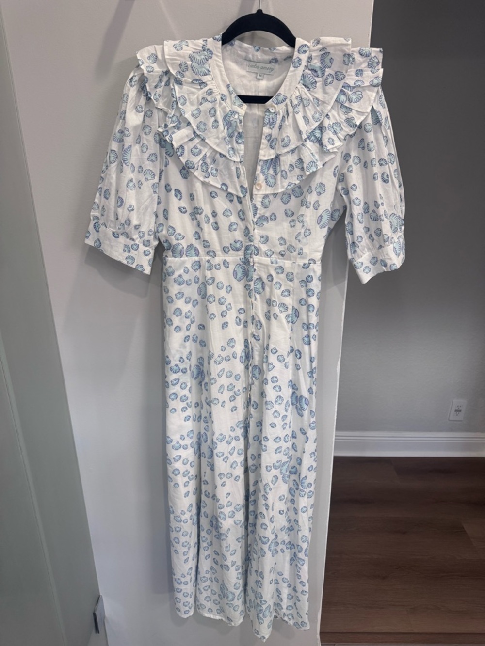 Women’s White Midi Dress with Blue Floral Print and Ruffled Collar